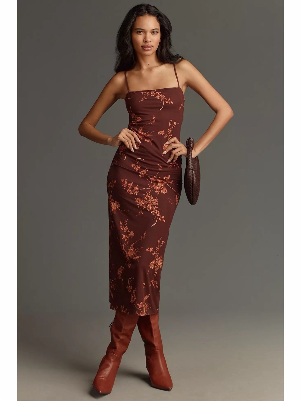 NWT Reformation Elise Knit Brown Floral Column Midi Dress